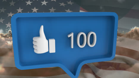 Animation-of-speech-bubble-with-numbers-and-like-icon-over-clouds-and-flag-of-usa