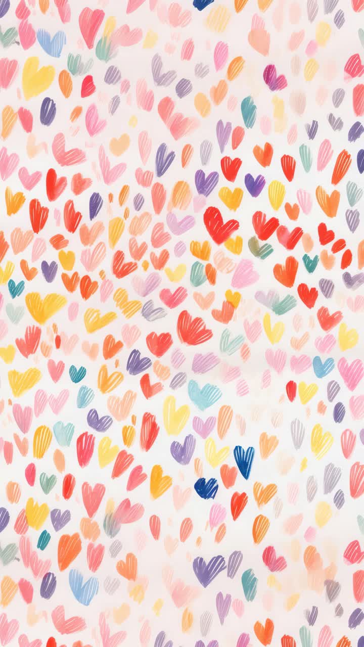 A vibrant, top-down view of colorful, hand-painted hearts scattered across a white background