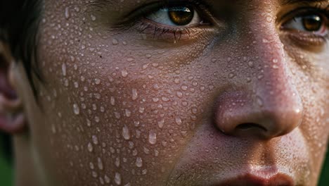 intense close-up of a person's face with glistening water droplets on skin, capturing raw emotions and elements of sweat in an outdoor environment