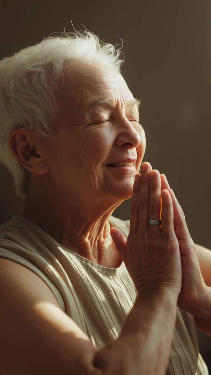 Vertical video: Smiling woman folding hands at chin, relaxing at home as soft light warming ring