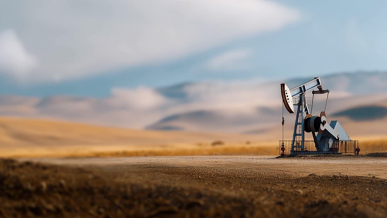 Pumping Oil in the Desert: A Striking Contrast of Industry and Nature Amidst the Majestic Landscape of Remote Sand Dunes and Blue Skies