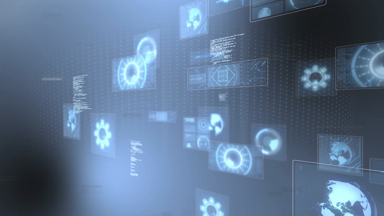 Displaying animation of futuristic data and technology icons on digital interface