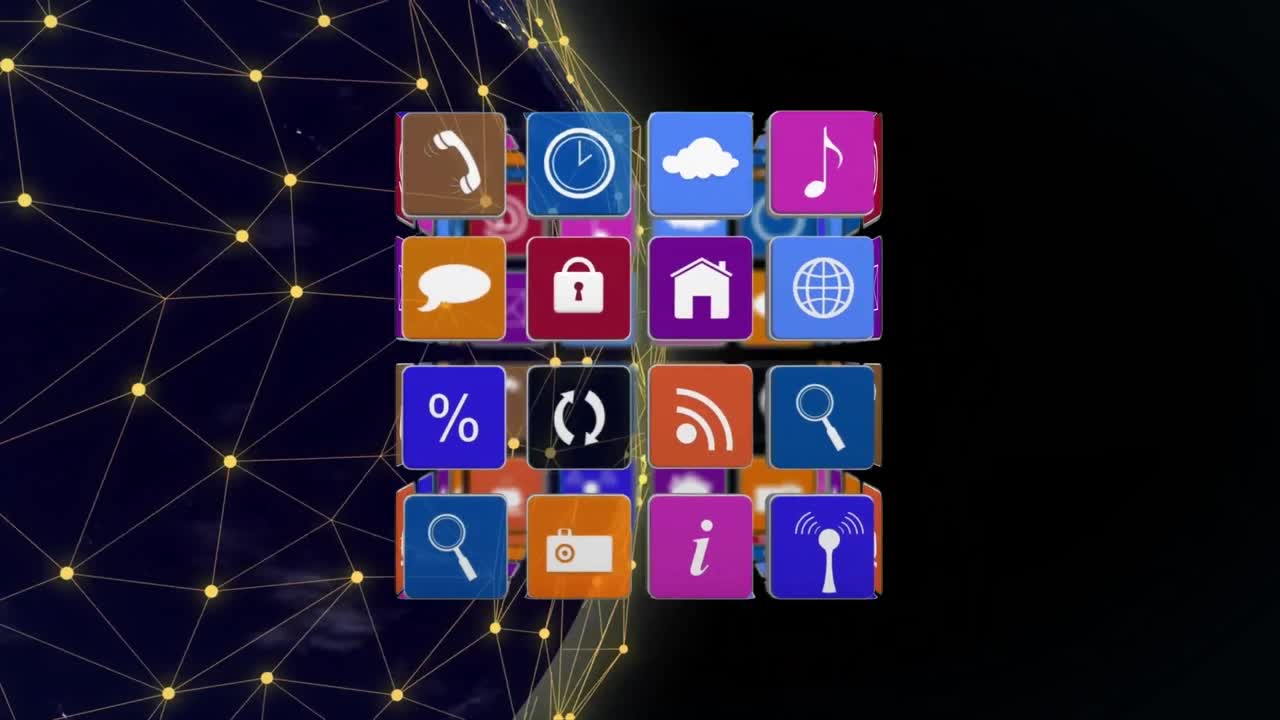 animación de un cubo de iconos digitales contra una red de conexiones sobre un globo giratorio