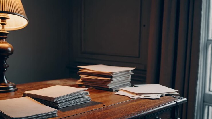 Warm, vintage-style video scene of a wooden desk with stacks of papers, captured from a side angle
