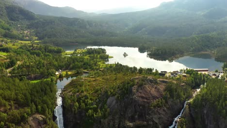 Latefossen-is-one-of-the-most-visited-waterfalls-in-Norway-and-is-located-near-Skare-and-Odda-in-the-region-Hordaland,-Norway.-Consists-of-two-separate-streams-flowing-down-from-the-lake-Lotevatnet.