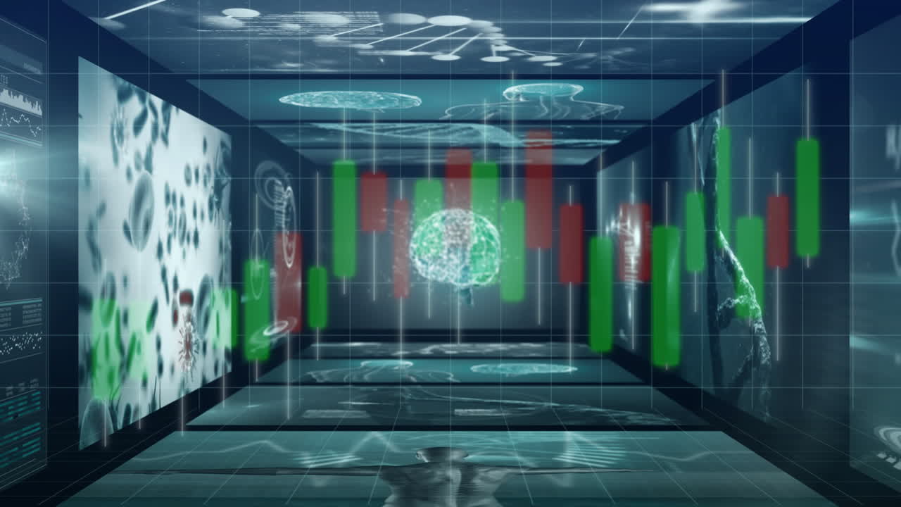 In futuristic digital room, animation of financial data charts and brain hologram