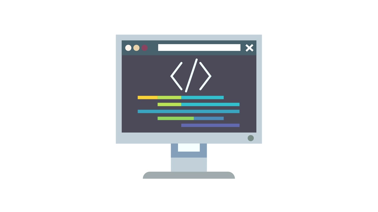 Animeret computerskærm, der viser programmeringskode