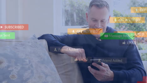 animación de iconos de los medios sobre el hombre caucásico usando un teléfono inteligente