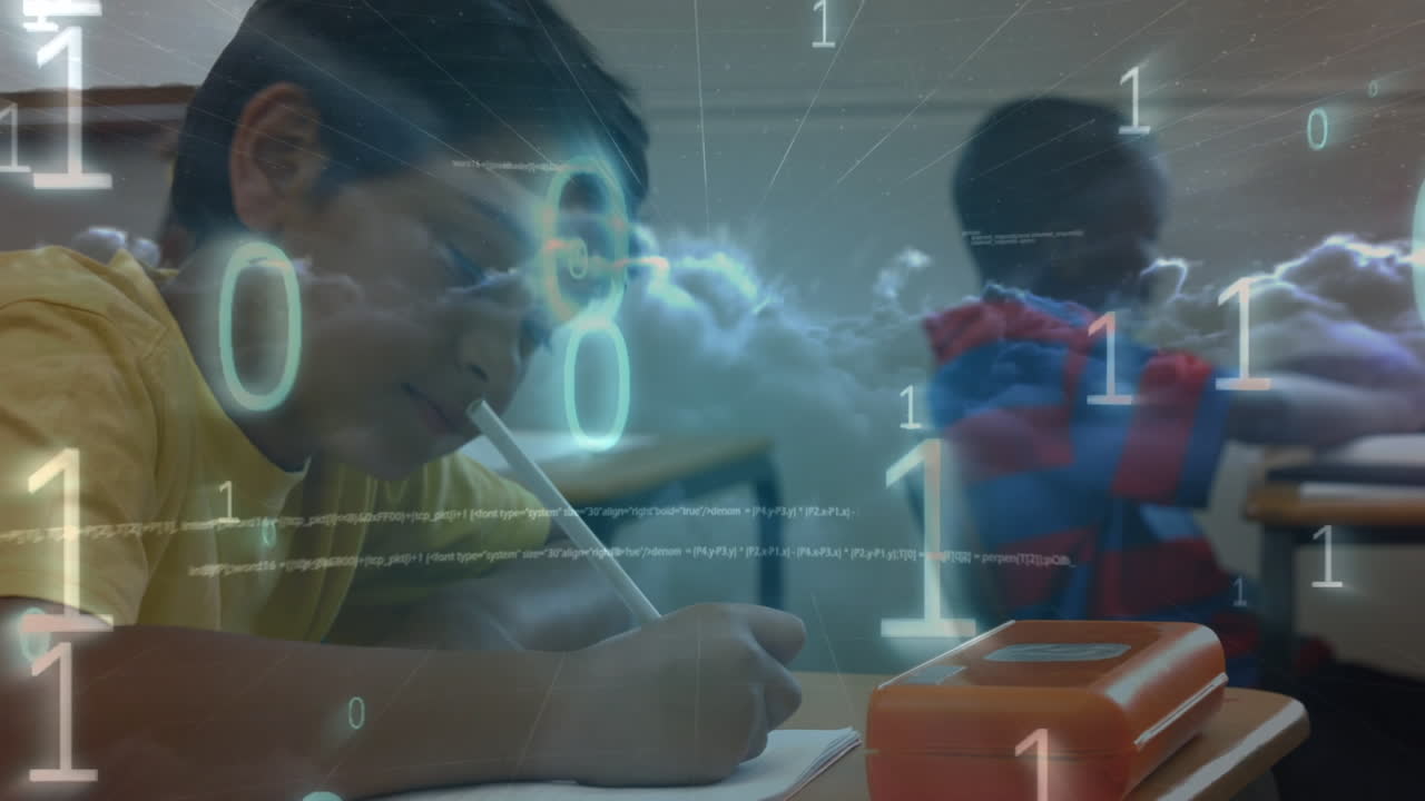 Animation of binary code over diverse boys learning at school