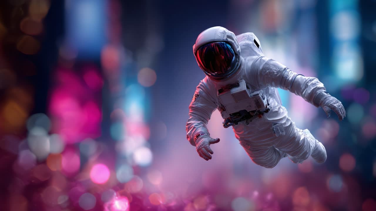 An astronaut floats through a vibrant, colorful cosmic environment, showcasing the blend of science and imagination in a stunning visual representation of space exploration