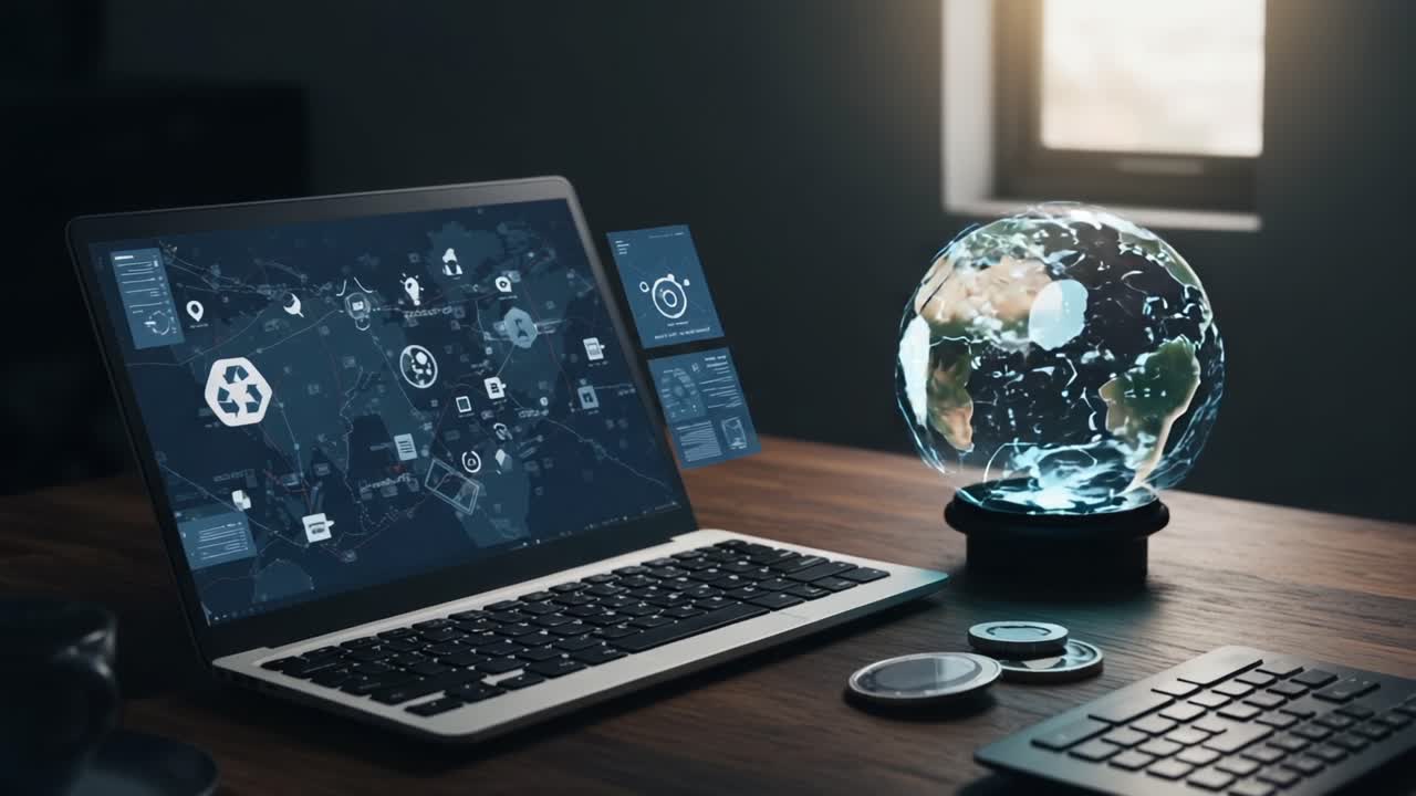 A Modern Workspace Featuring Advanced Digital Displays with a Globe and Technology Integrated into a Laptop, Reflecting Innovation and Global Connectivity