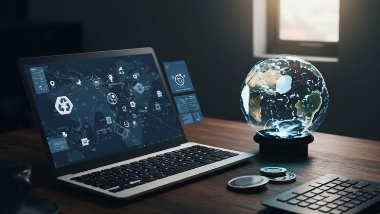 A Modern Workspace Featuring Advanced Digital Displays with a Globe and Technology Integrated into a Laptop, Reflecting Innovation and Global Connectivity