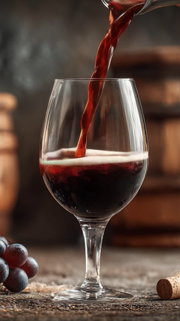 Primo piano accattivante di vino rosso versato in un bicchiere, che mostra il colore intenso e la consistenza, insieme a uva fresca e botti rustiche