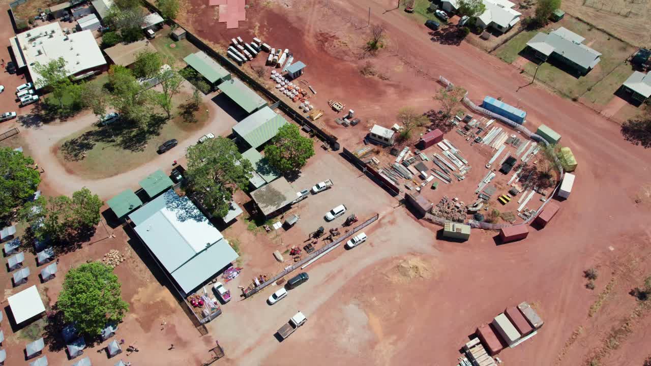 Aerial footage looking down on the caravan park in the communtiy of Kalkarindji, Gurindji, Northern Territory, Australia, August 2022.