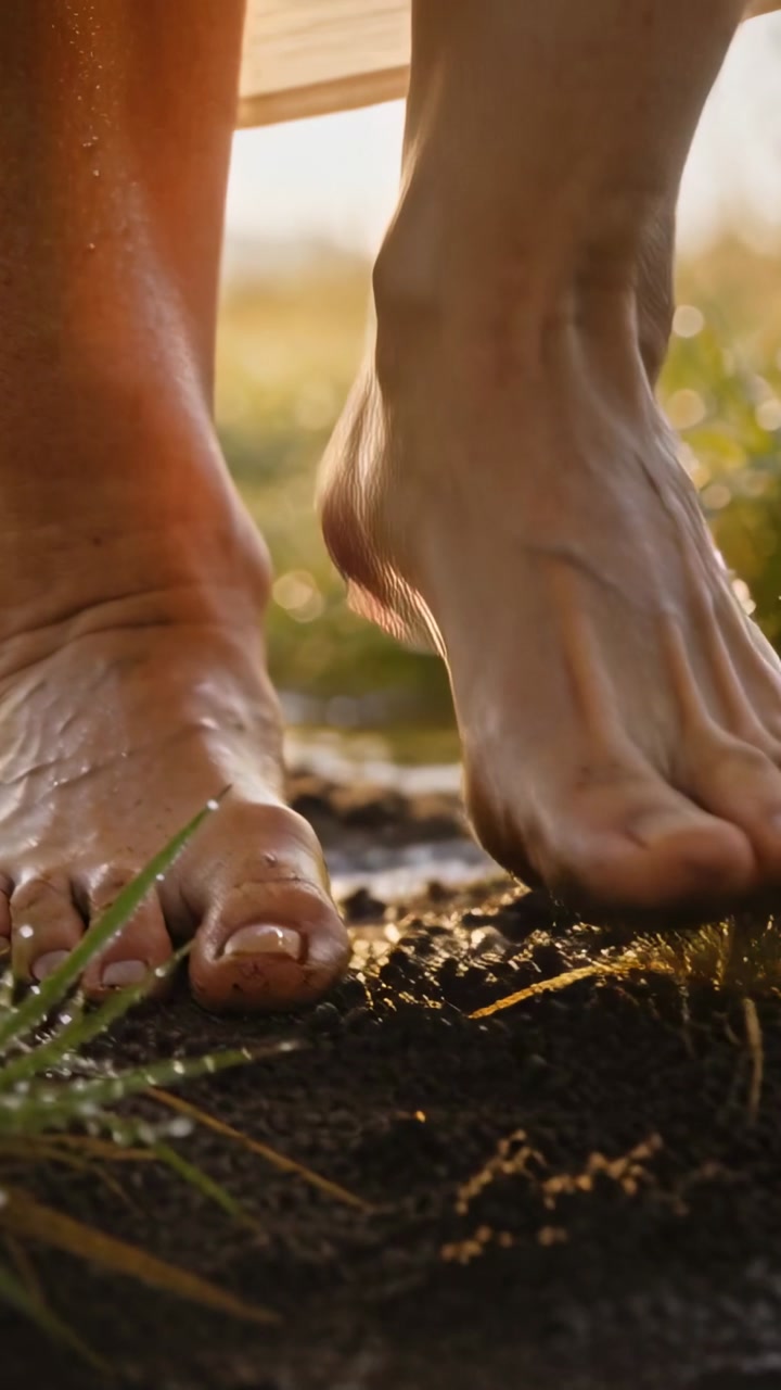 Vertical video: Walking barefoot adult pressing toes into mud puddle in grass skirt hem shining