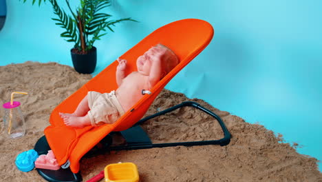 adorable newborn in shorts yawning and stretching in the orange chair. infant kid on the improvised beach in studio. side view.
