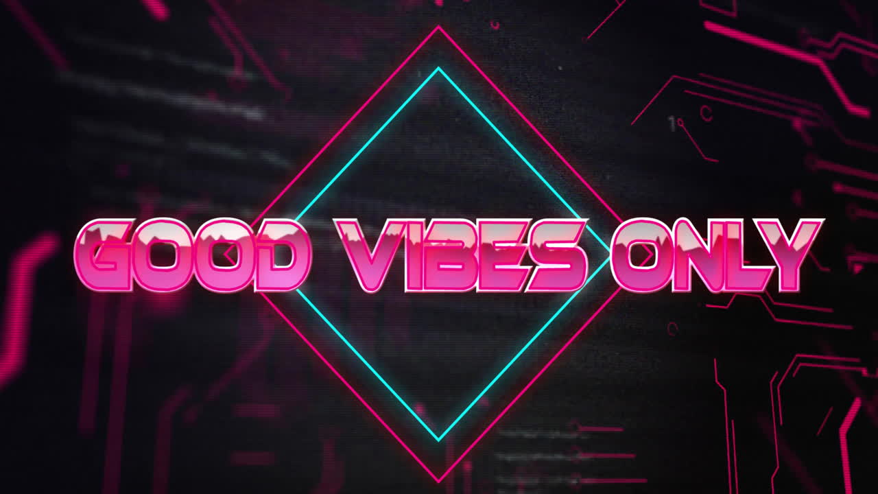 Animation of neon pink and blue diamond with Good Vibes Only text on dark background