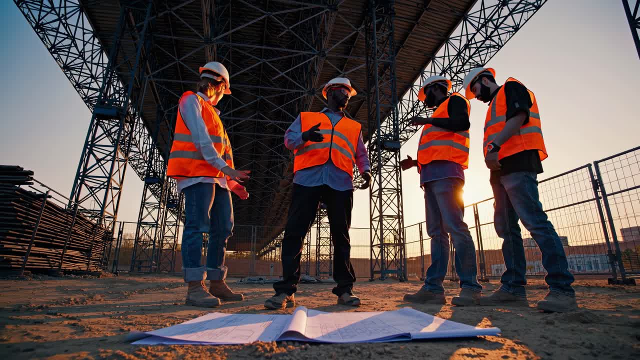 Low-angle shot of construction workers in safety vests and helmets discussing blueprints