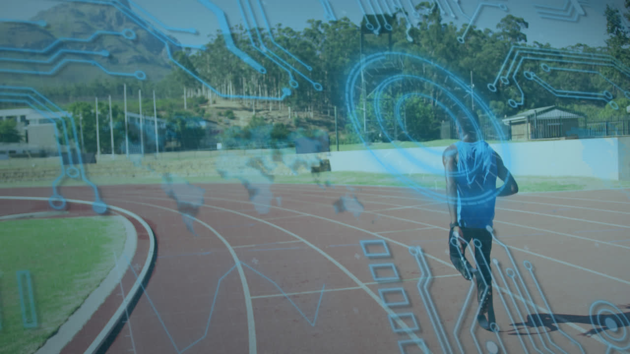 아프리카계 미국인 장애인 남자의 러닝 블레이드 훈련에 대한 디지털 데이터의 애니메이션