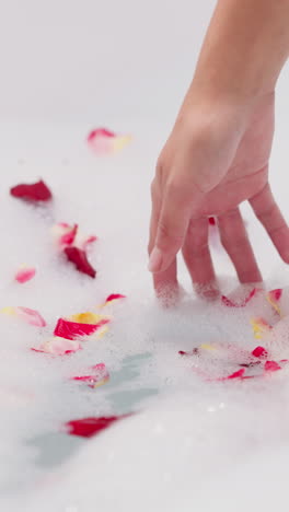 lady dips hand into foam with rose petals closeup. woman prepares romantic bath with fresh flowers stirring foam in bathtub. idea for valentine day