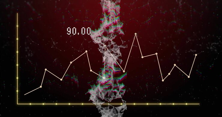Beige line graph moving across gradient background, showing yellow axes and central particle flow