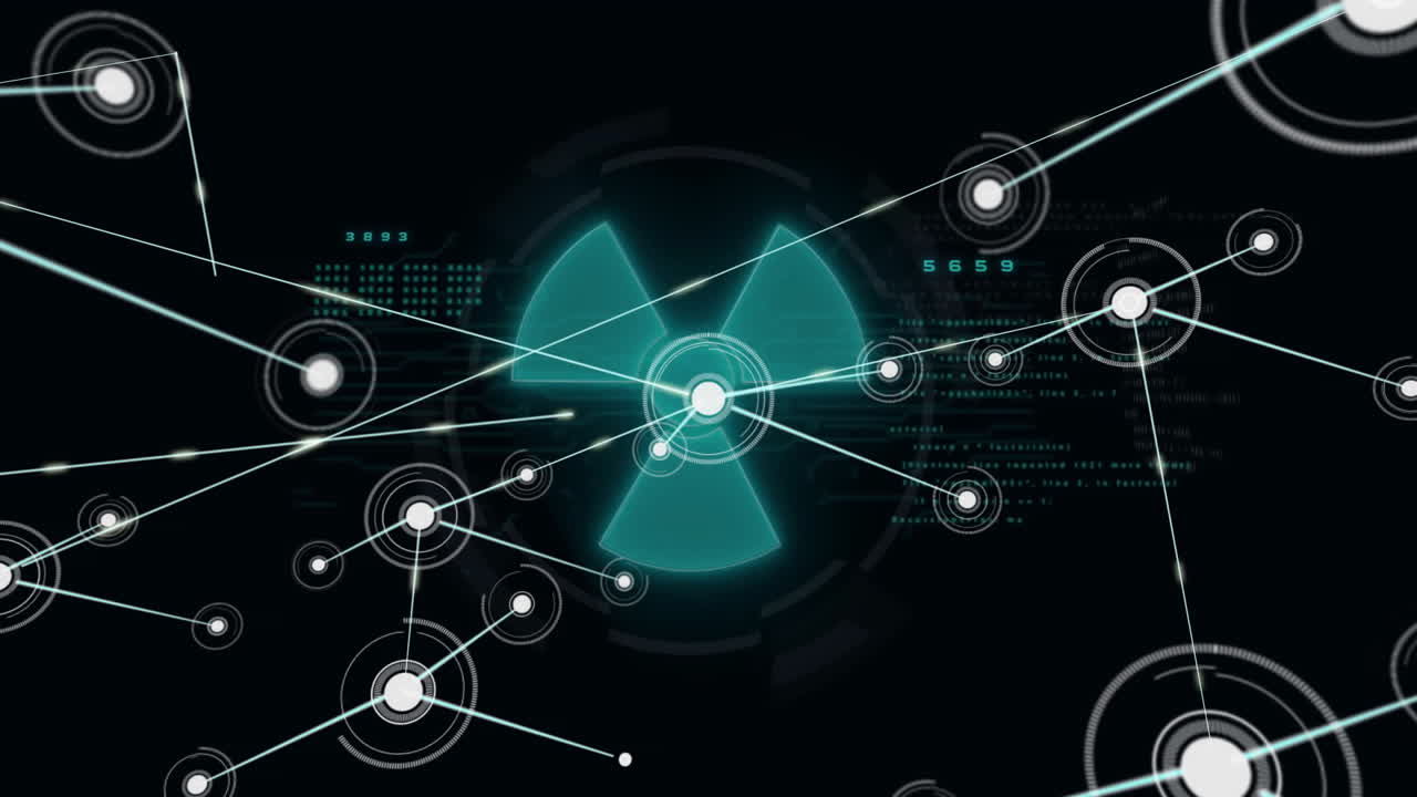 Nuclear symbol with interconnected nodes and digital data processing animation