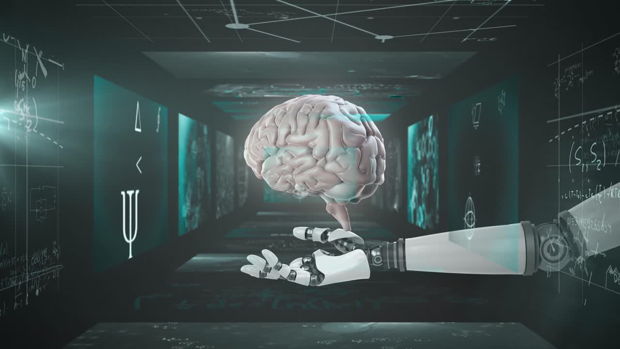Animation of digital brain and robotic hand over mathematical equations on black background