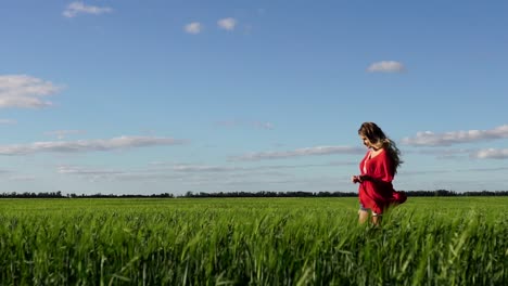 woman in a red dress walking through a wheat field