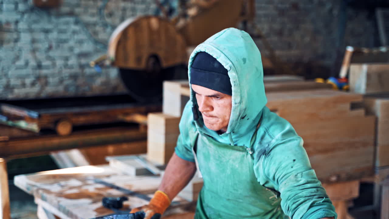 Worker man measures stone plate and breaks it with a hammer in the factory. Young man in protective uniform cuts the stone slab with a hammer indoors.