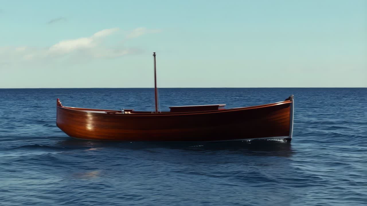 A wooden boat floats on calm blue water