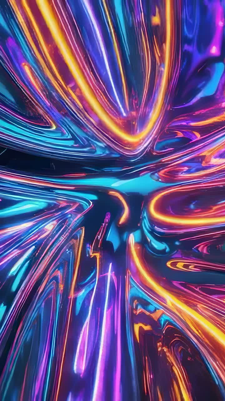 Vertical video: Animating neon-streaked shapes reflecting light and swirling into V-shape in void