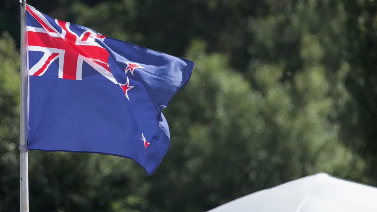 The New Zealand flag flutters dynamically on a flagpole against a blurred green background, captured in natural daylight with steady camera framing and soft shadows