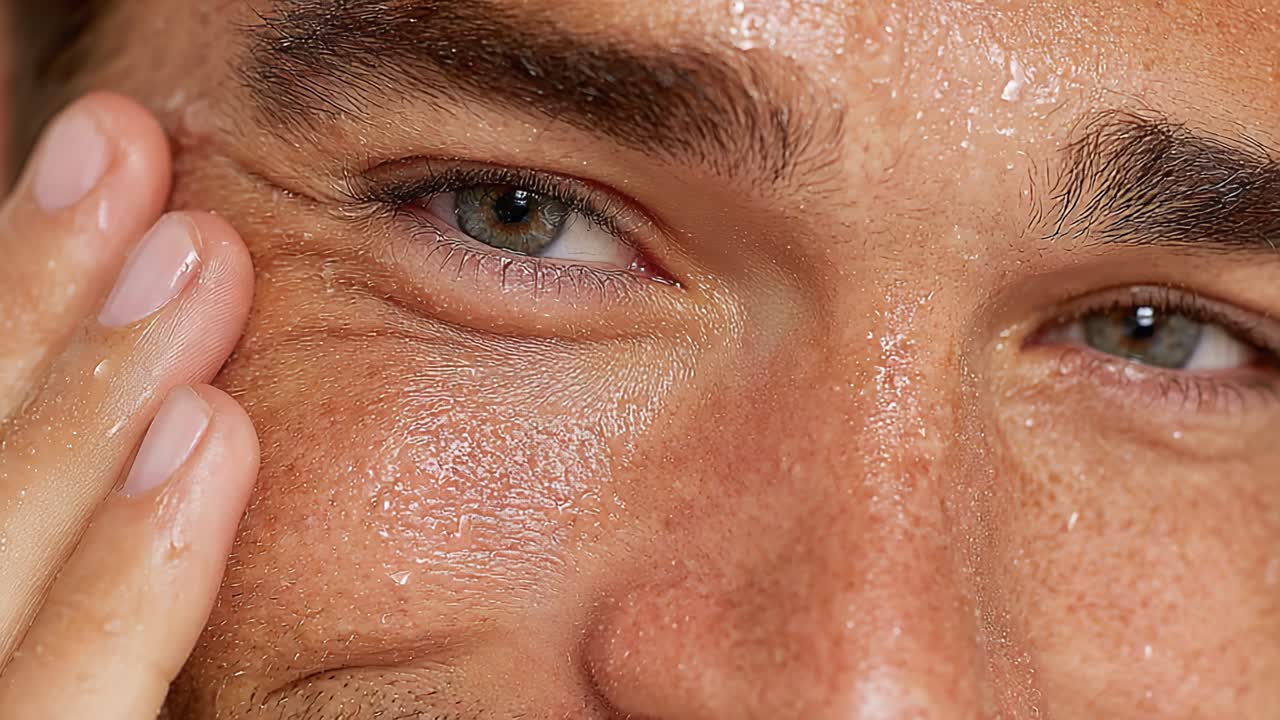 Close-Up of a Man's Face Highlighting Hydrated Skin and Natural Glow, Featuring a Smiling Expression and Reflections of Light, Emphasizing Skin Care and Wellness
