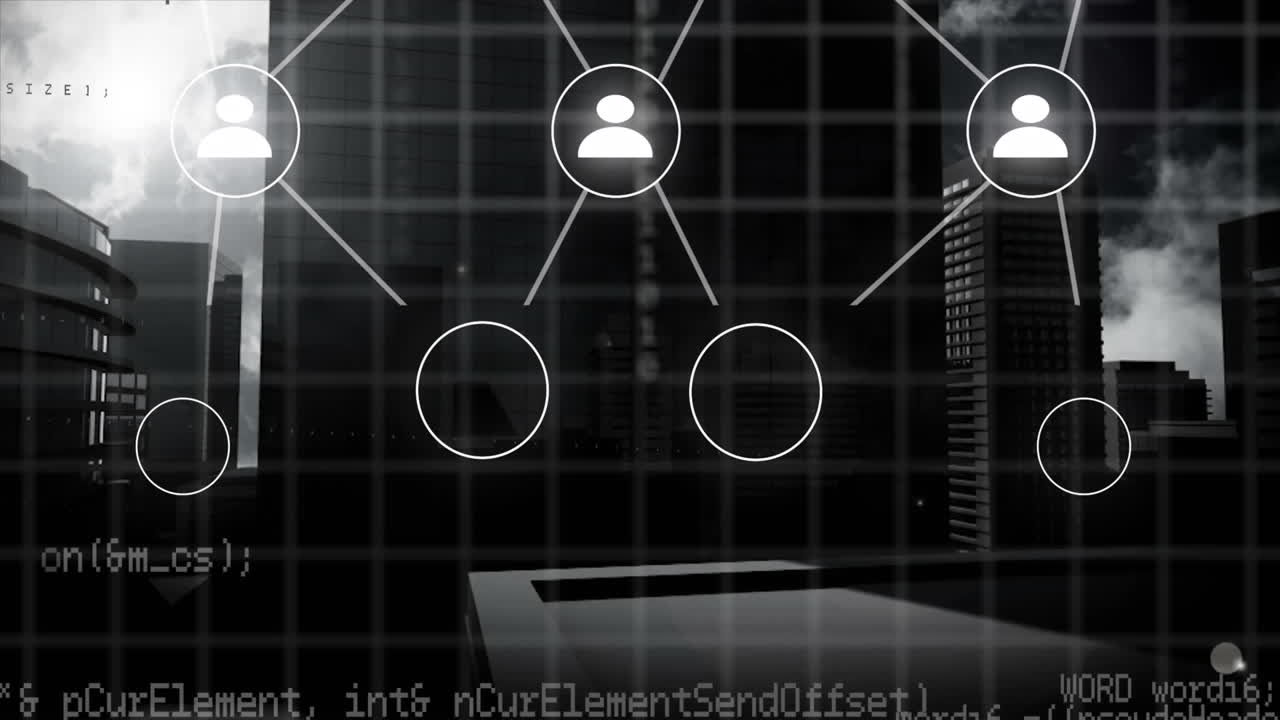 Animation of data processing over cityscape