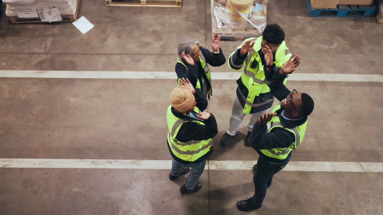 Diverse Warehouse Team Celebrating Success with Huddle and High-Fives