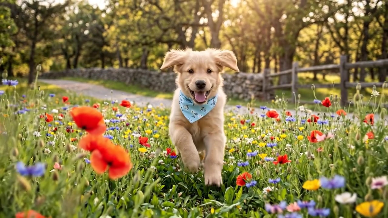 Rengarenk Çiçekler Arasında Yavru Köpek Portresi
