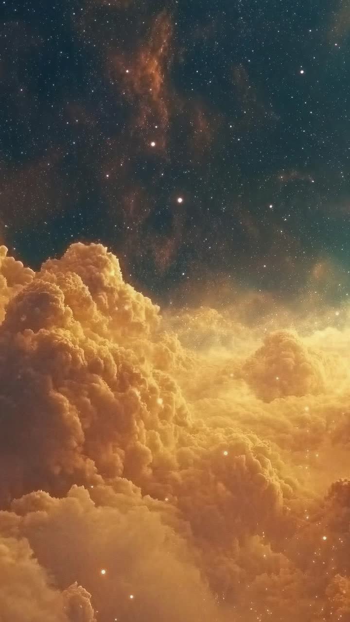 Aerial view of fluffy clouds against a starry sky, creating a dreamy, cosmic atmosphere