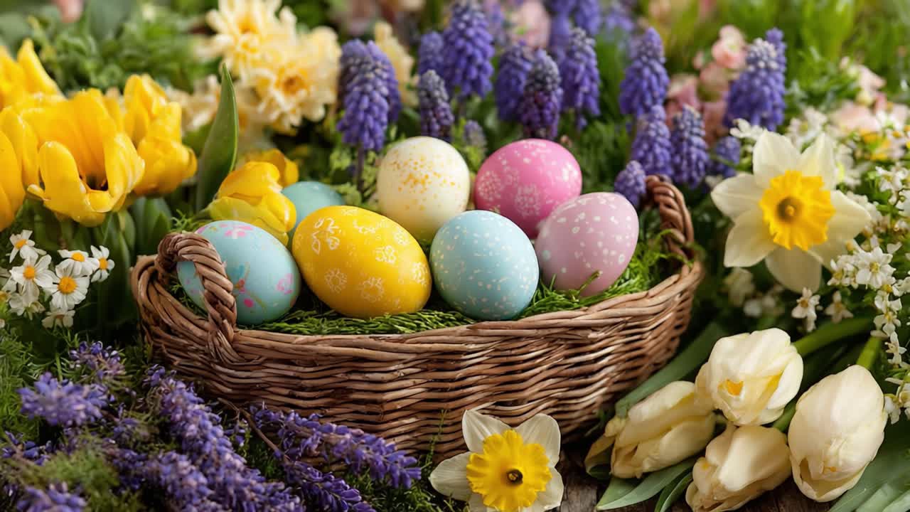 A Bright and Colorful Collection of Decorated Easter Eggs Surrounded by Beautiful Spring Flowers in a Basket, Celebrating the Joyous Holiday of Easter