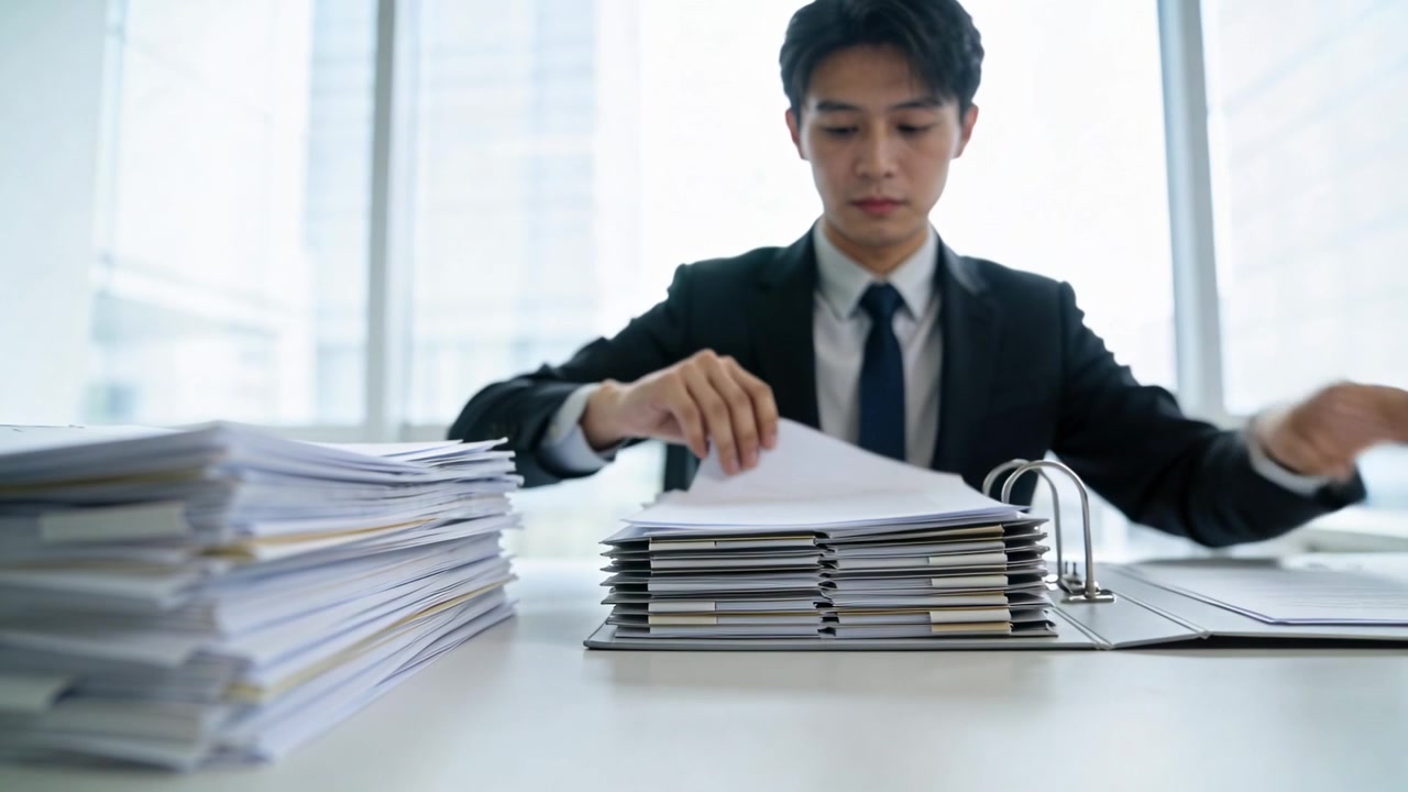 高層オフィスで、スーツとネクタイ姿の作業員が左に手を伸ばし、散らばった書類をバインダーに整理している。