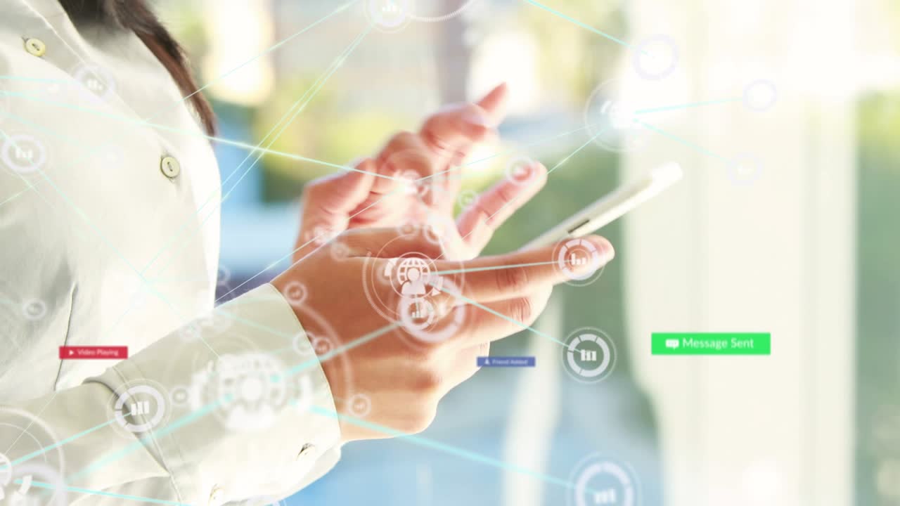 Animation of social media icons, numbers and connections over caucasian woman using smartphone