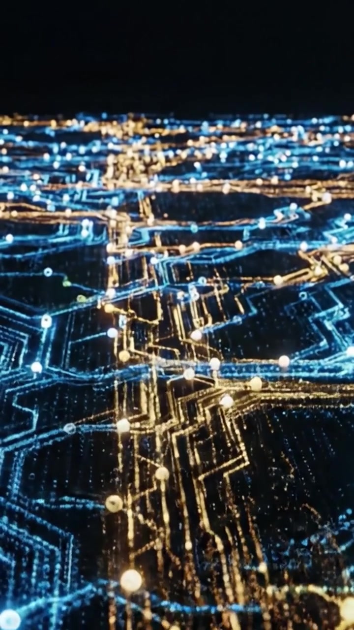 Esplorando una visualizzazione dinamica di luce e tecnologia, con motivi radiosi blu e gialli che evocano un senso di connettività digitale e movimento