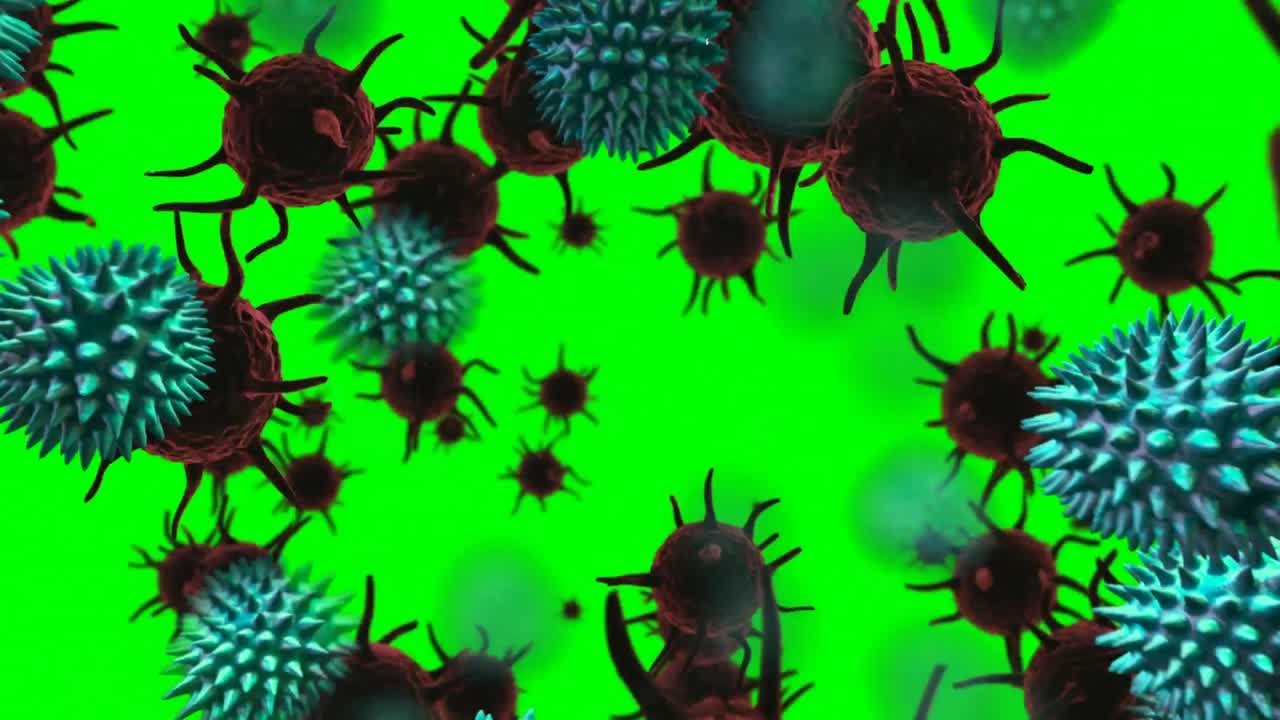 animación de células de covid 19 flotando sobre un fondo verde