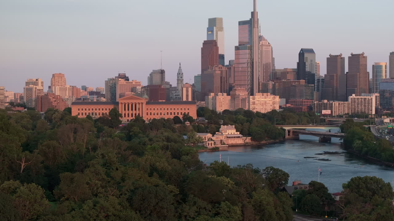 Aerial view of Philadelphia at sunset. Shot above the Schuylkill River and Fairmount Park