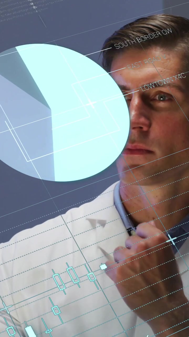 Reacting to data projection, midadult man wearing lab coat analyzing holographic charts in studio