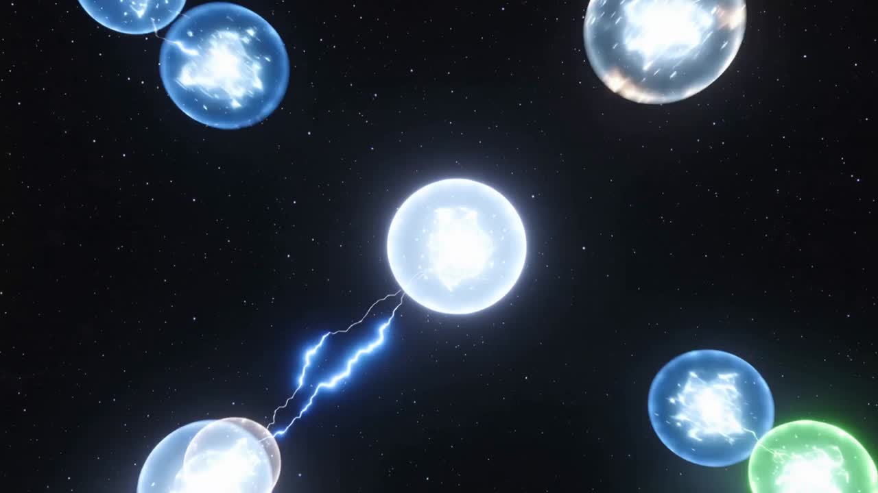 Pulsing central sphere drawing arcs from orbs to feed core in starry void as heating node