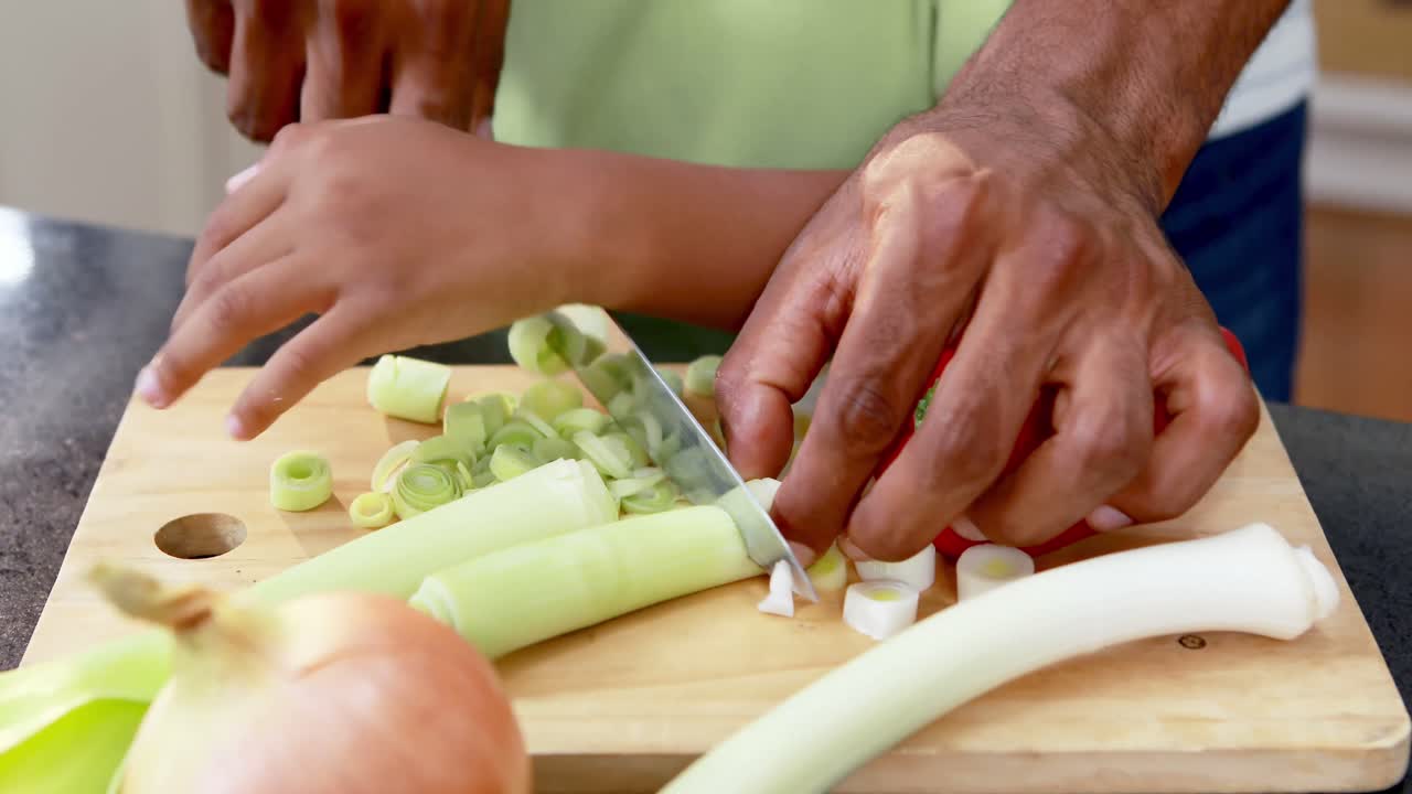 Father assisting son to cut vegetables 4k
