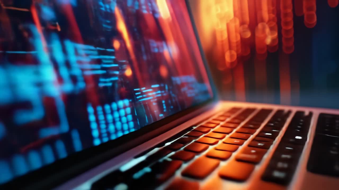 Laptop with glowing screen and keyboard