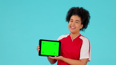 woman face, soccer and digital tablet with green