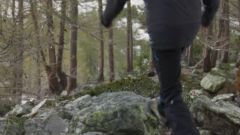 man in black pants and hiking boots walks through forest and jumps onto rock