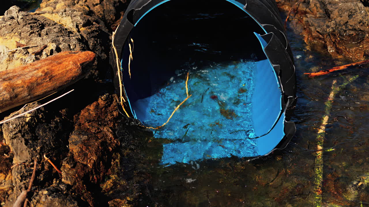 Large corrugated plastic drainage pipe discharging into a rocky shoreline or coastal area